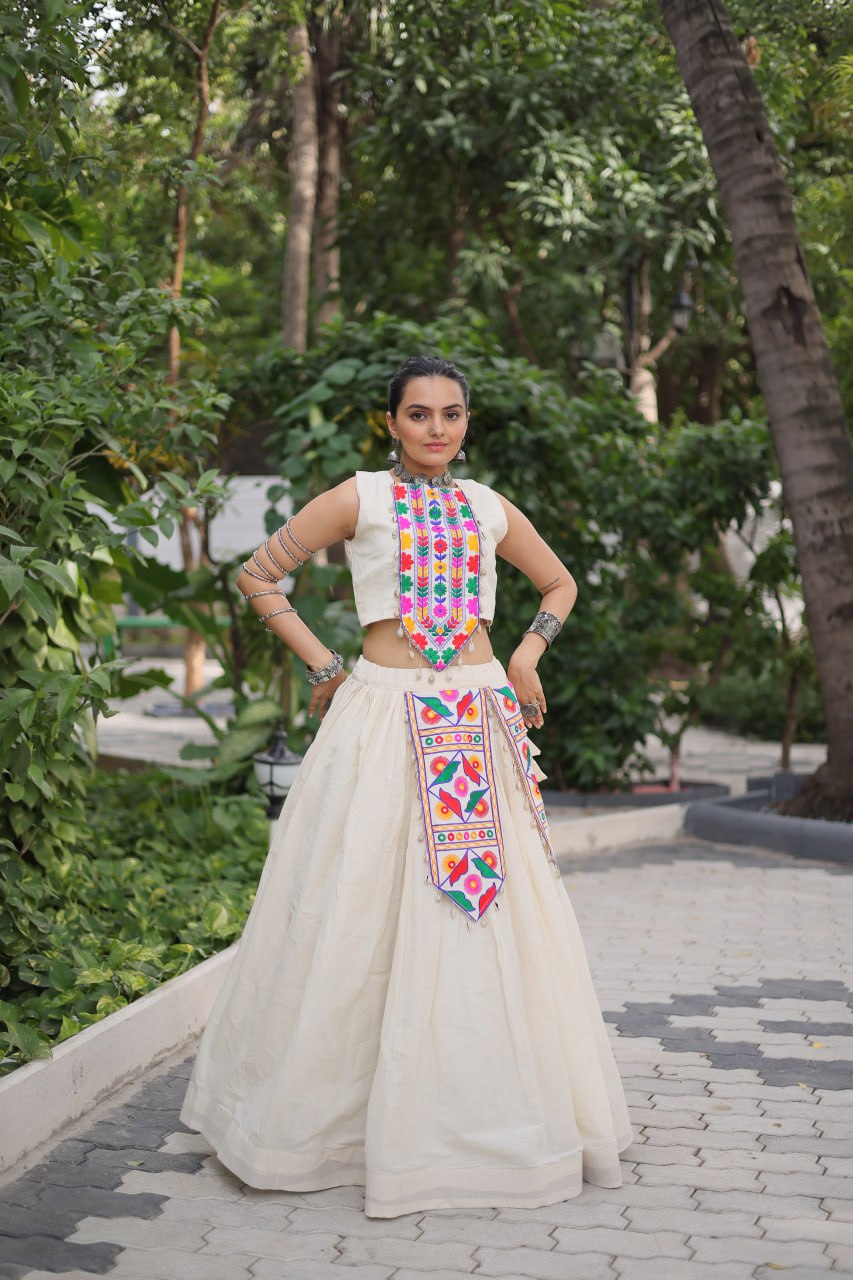 Glorious White Cotton With Kutchi Gamthi Work Lehenga Choli