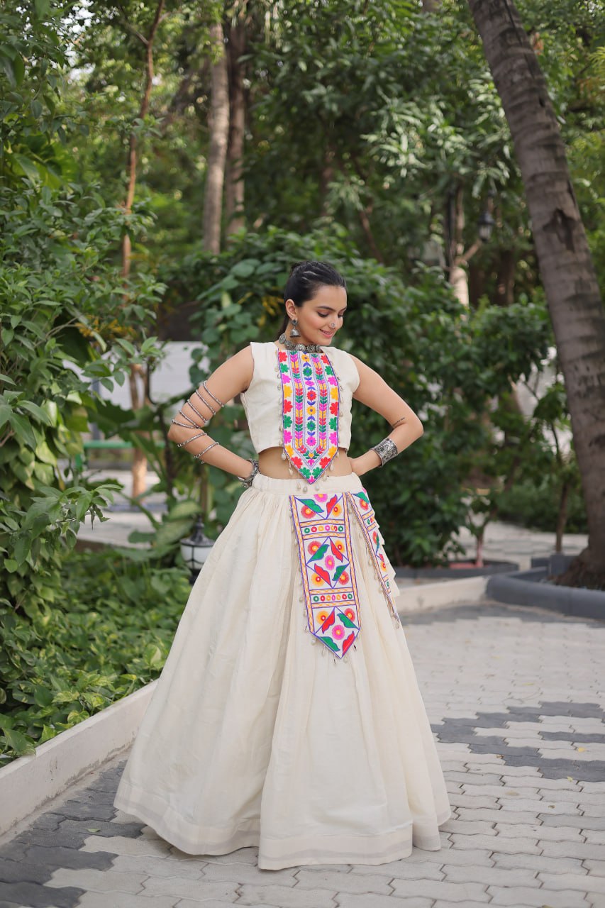 Glorious White Cotton With Kutchi Gamthi Work Lehenga Choli