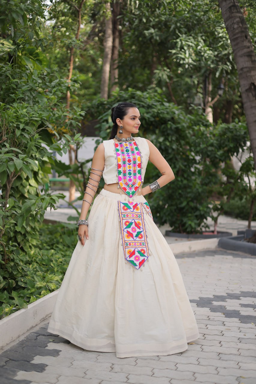Glorious White Cotton With Kutchi Gamthi Work Lehenga Choli