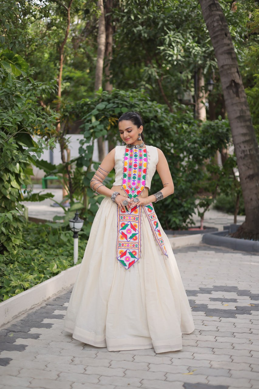 Glorious White Cotton With Kutchi Gamthi Work Lehenga Choli