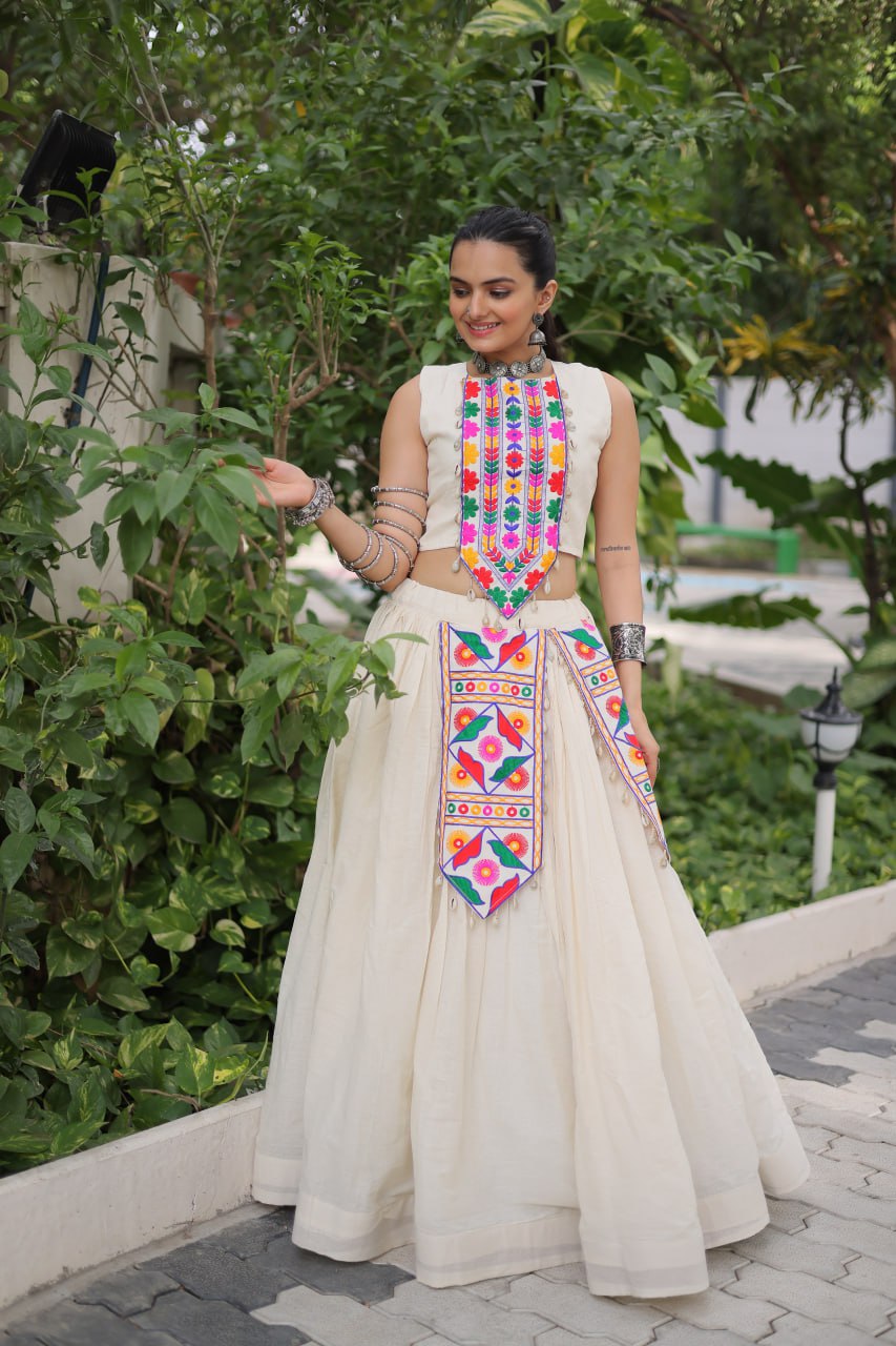 Glorious White Cotton With Kutchi Gamthi Work Lehenga Choli