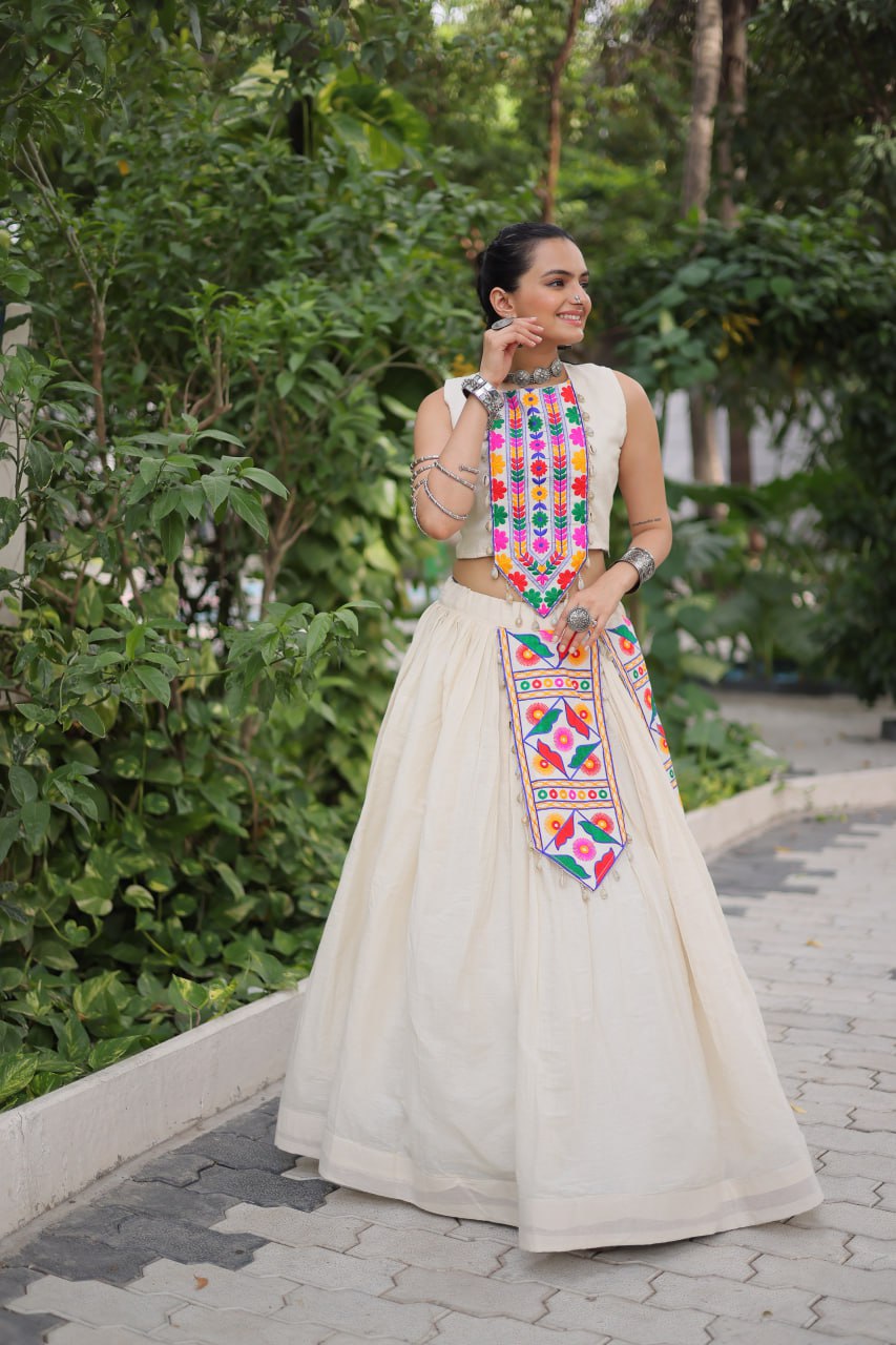 Glorious White Cotton With Kutchi Gamthi Work Lehenga Choli