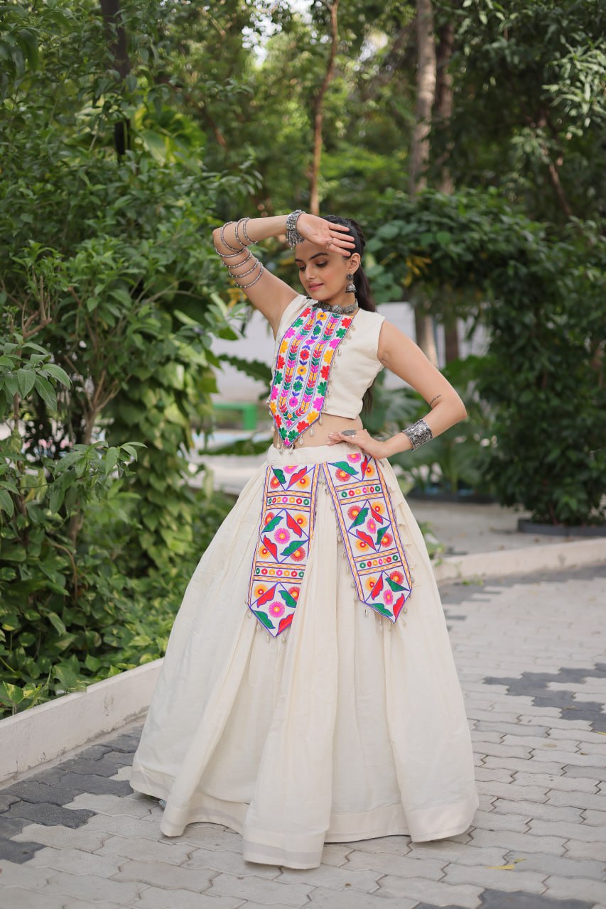 Glorious White Cotton With Kutchi Gamthi Work Lehenga Choli