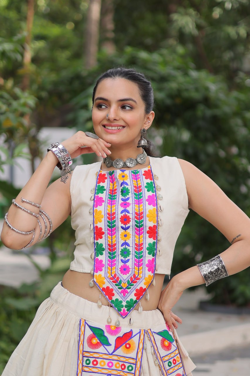 Glorious White Cotton With Kutchi Gamthi Work Lehenga Choli