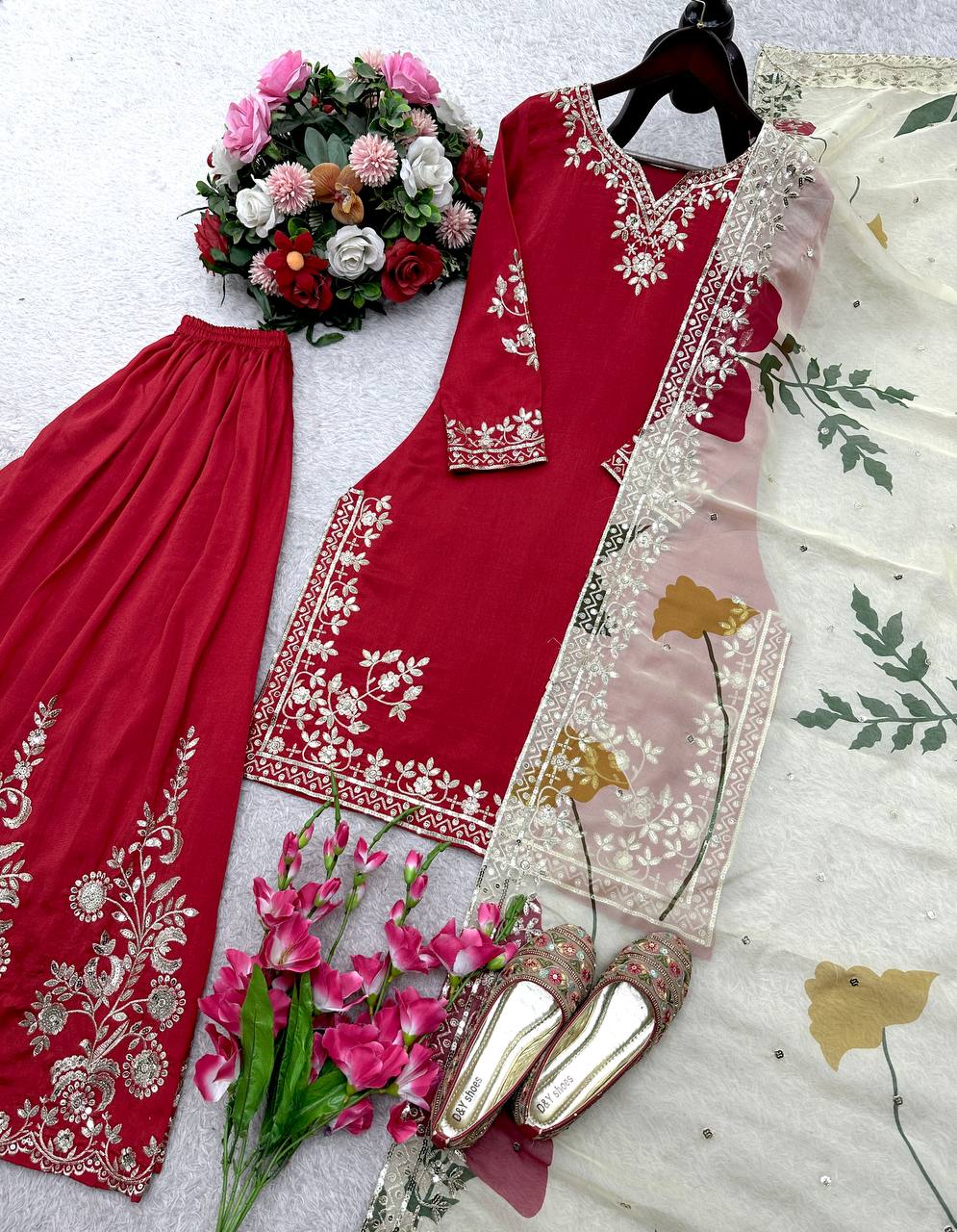 Captivating Red Cinon Silk Sequence Work Sharara Suit