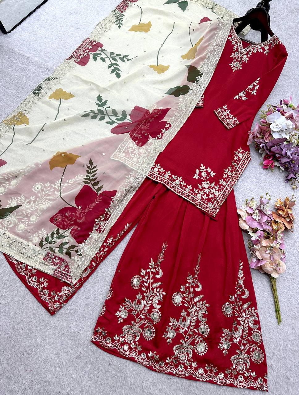 Captivating Red Cinon Silk Sequence Work Sharara Suit