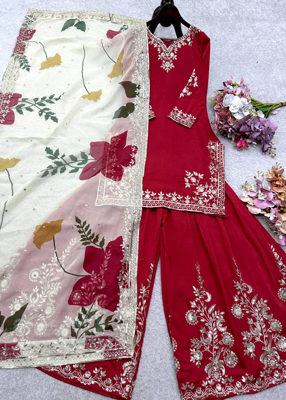 Captivating Red Cinon Silk Sequence Work Sharara Suit