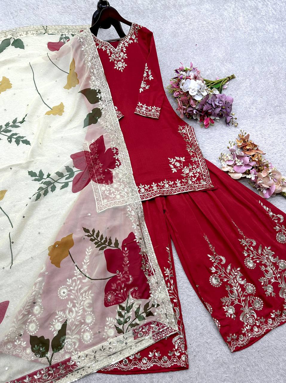 Captivating Red Cinon Silk Sequence Work Sharara Suit