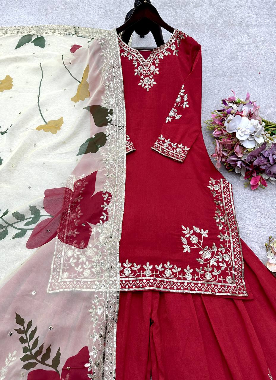 Captivating Red Cinon Silk Sequence Work Sharara Suit