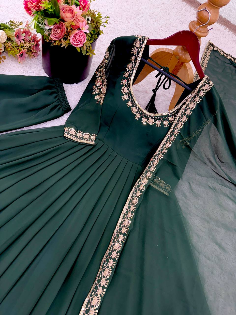 Glimmering Green Georgette Embroidery Work Gown