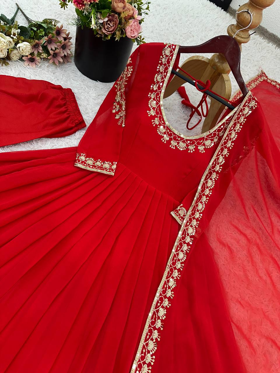 Glimmering Green Georgette Embroidery Work Gown