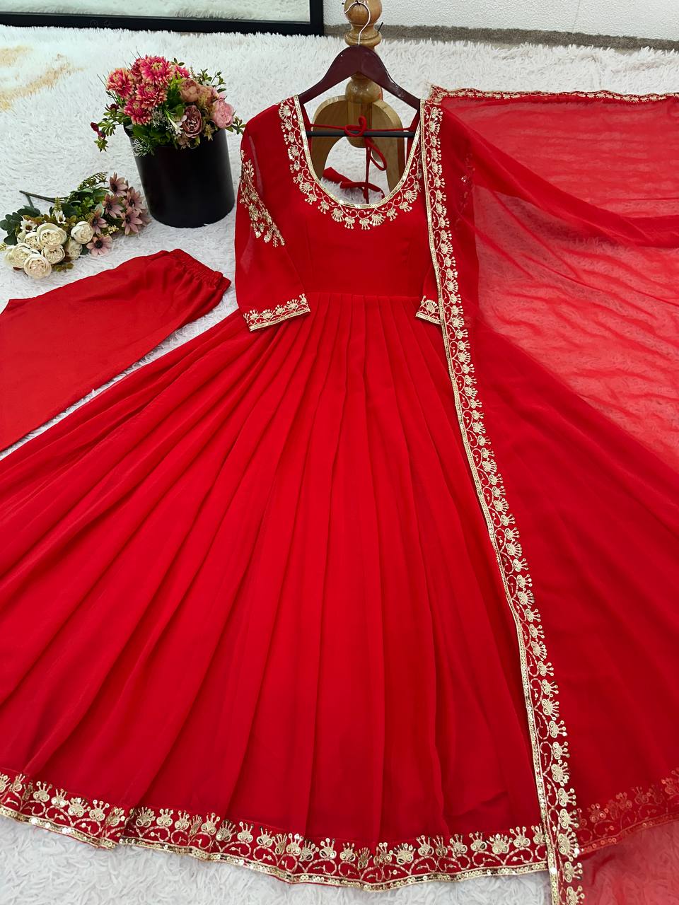Glimmering Green Georgette Embroidery Work Gown