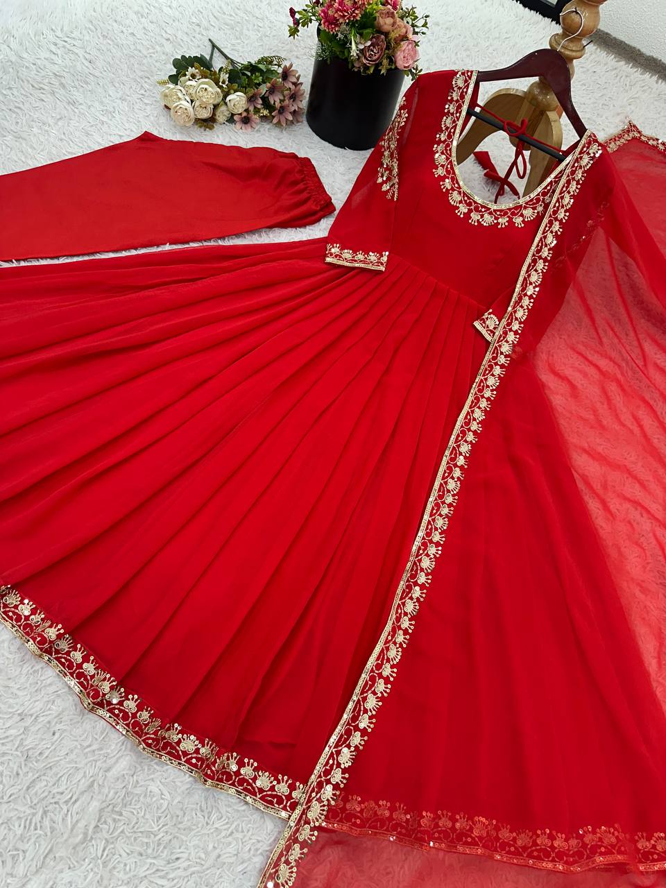 Glimmering Green Georgette Embroidery Work Gown