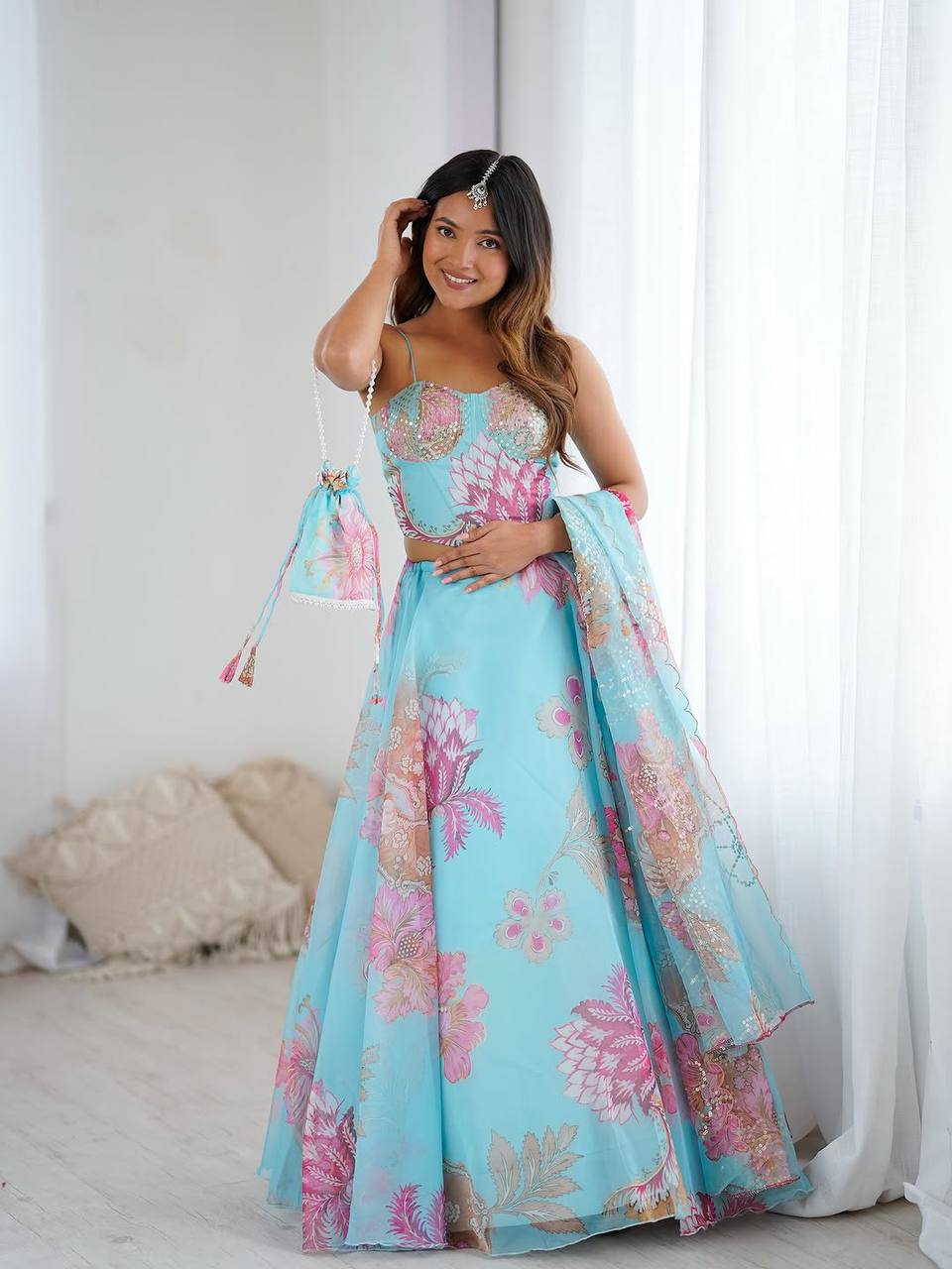 Peaceful Blue Organza Digital Printed Lehenga