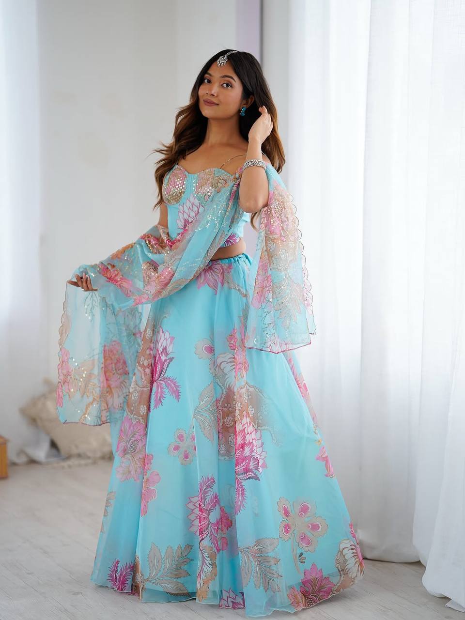 Peaceful Blue Organza Digital Printed Lehenga