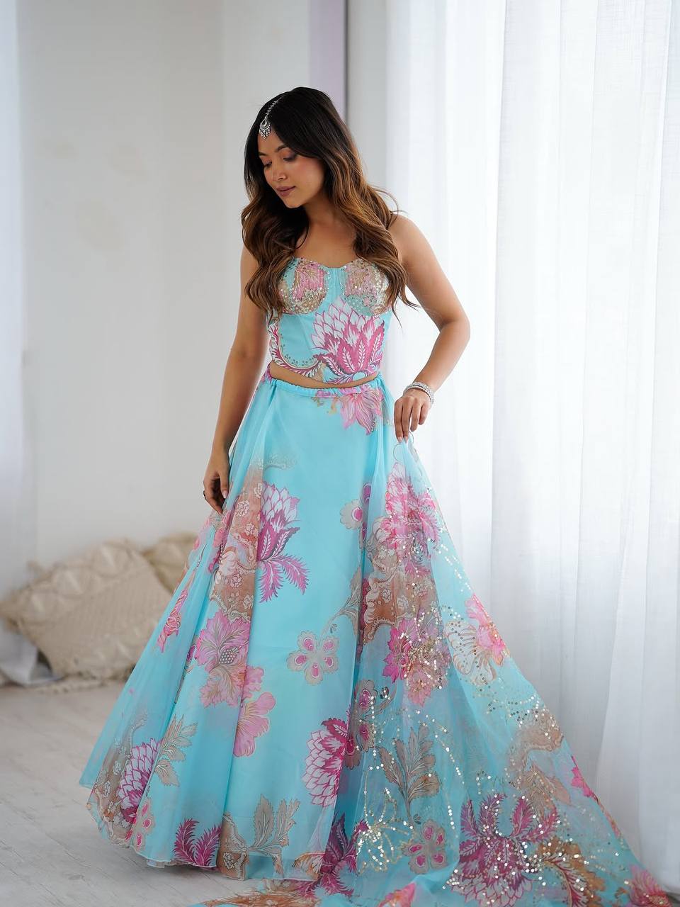 Peaceful Blue Organza Digital Printed Lehenga