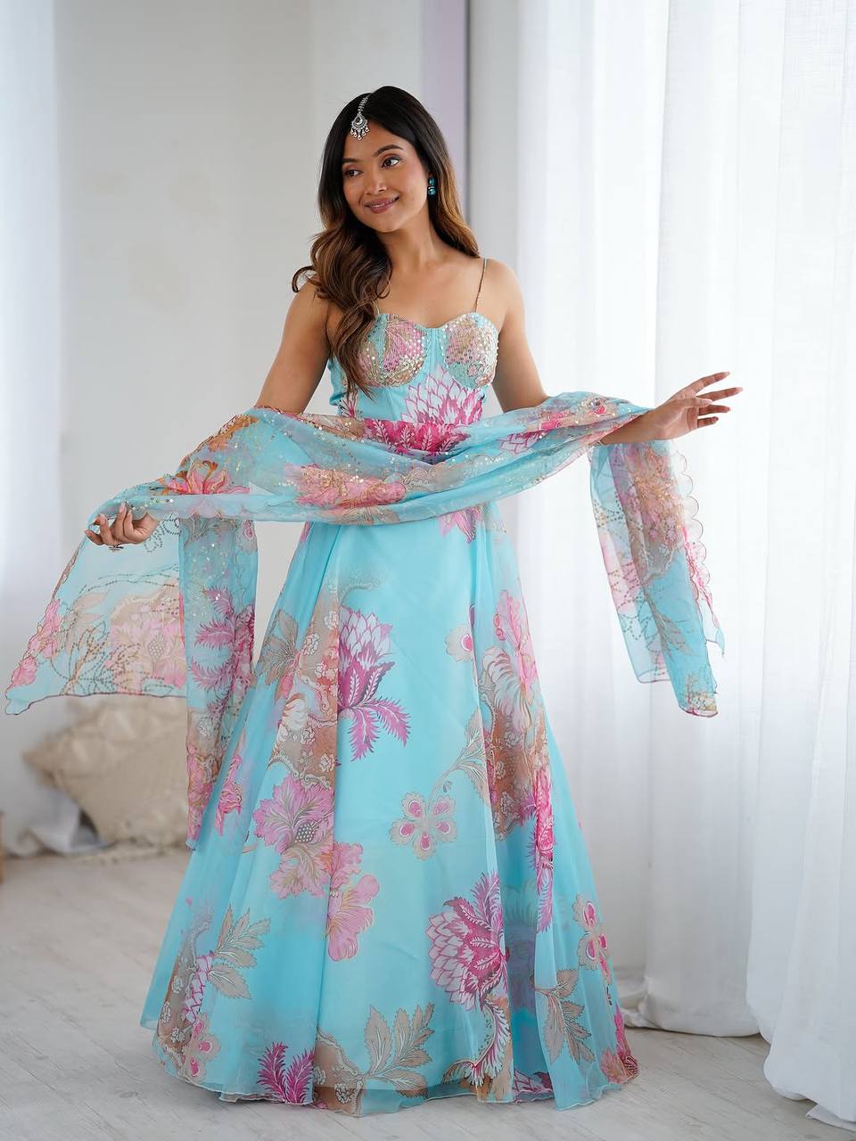 Peaceful Blue Organza Digital Printed Lehenga