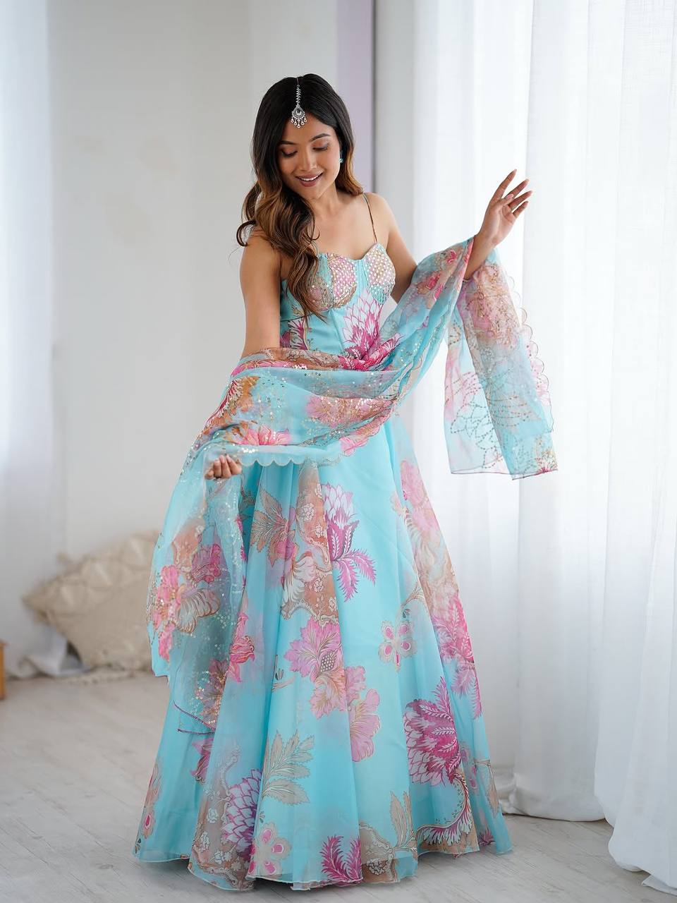 Peaceful Blue Organza Digital Printed Lehenga