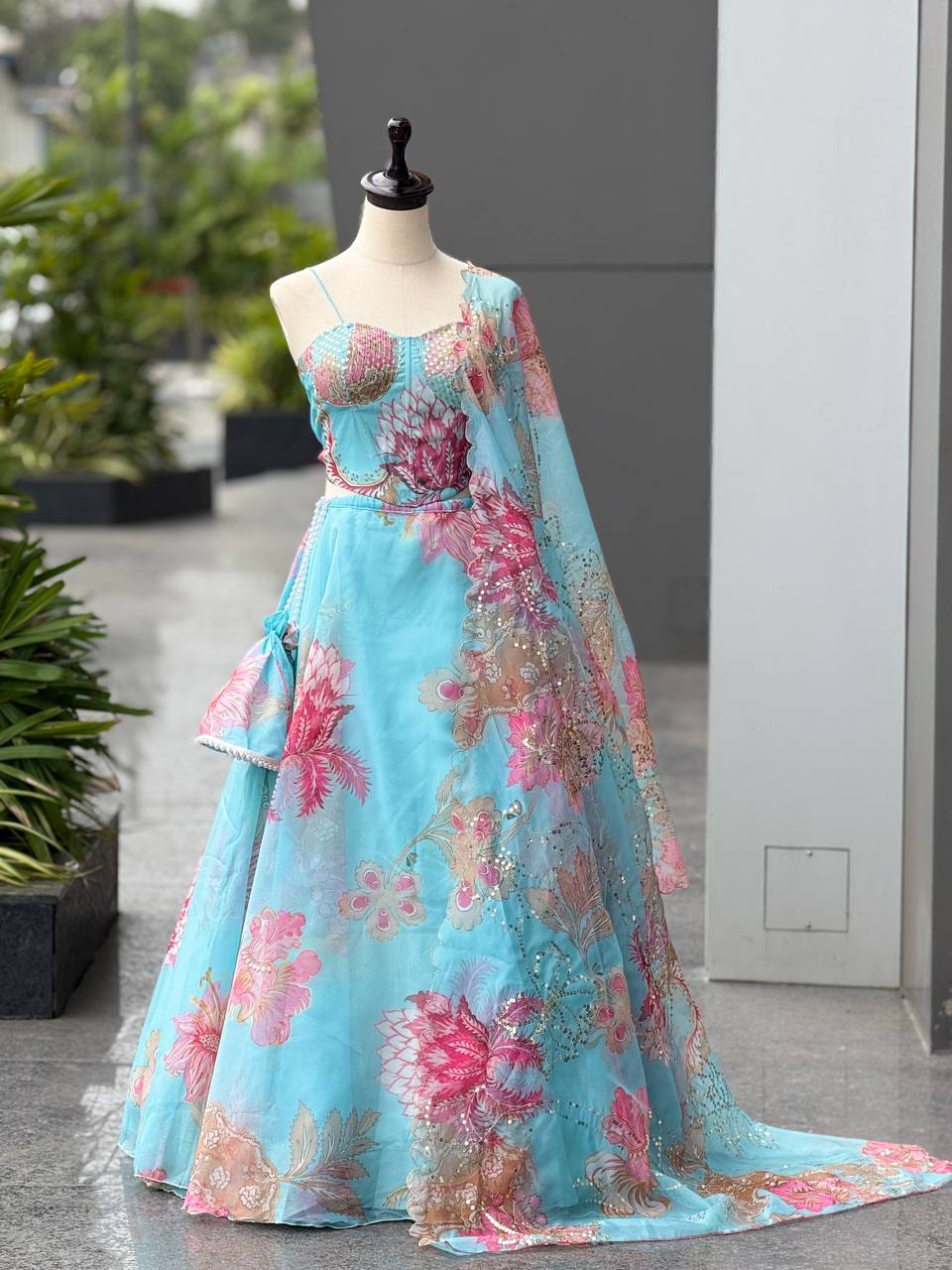 Peaceful Blue Organza Digital Printed Lehenga