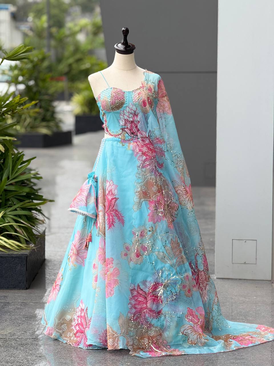 Peaceful Blue Organza Digital Printed Lehenga