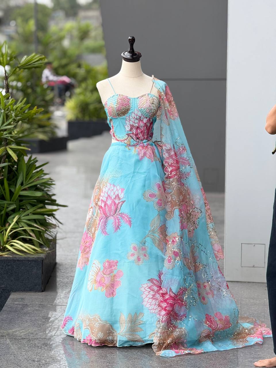 Peaceful Blue Organza Digital Printed Lehenga