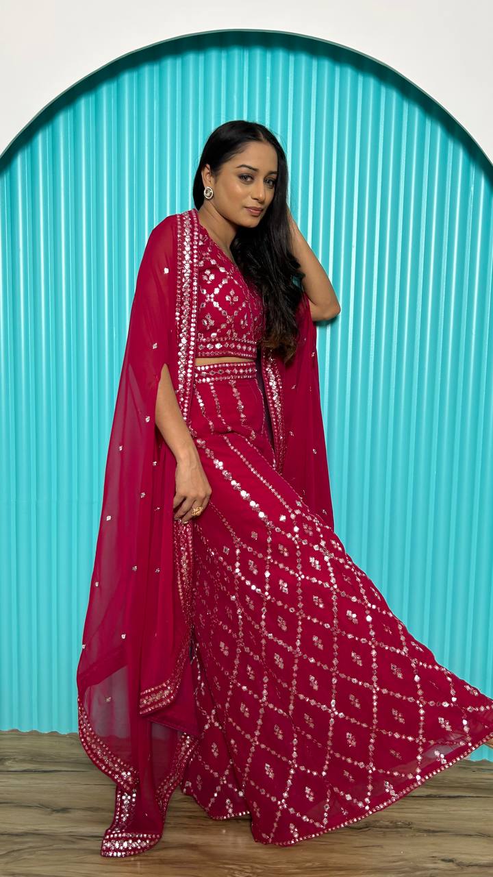 Charming Red Georgette Mirror Work Palazzo Suit