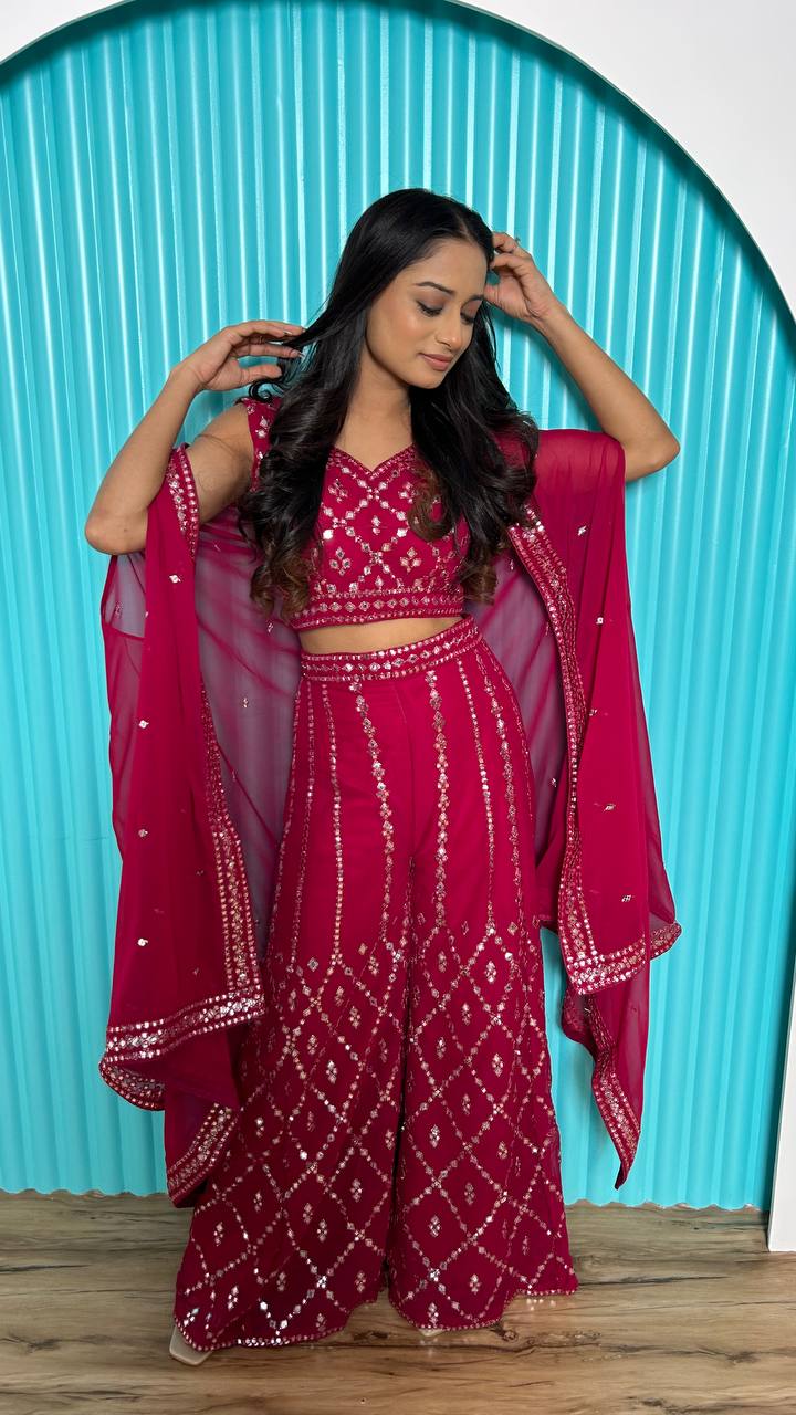 Charming Red Georgette Mirror Work Palazzo Suit