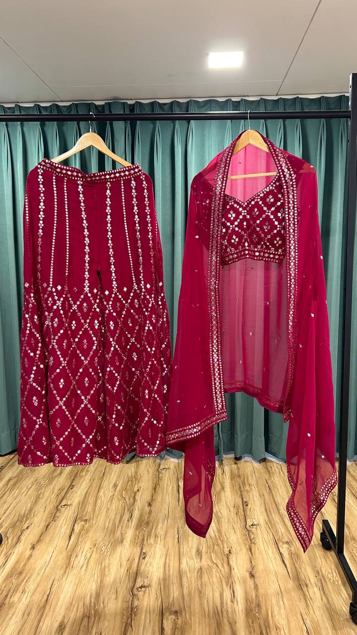 Charming Red Georgette Mirror Work Palazzo Suit