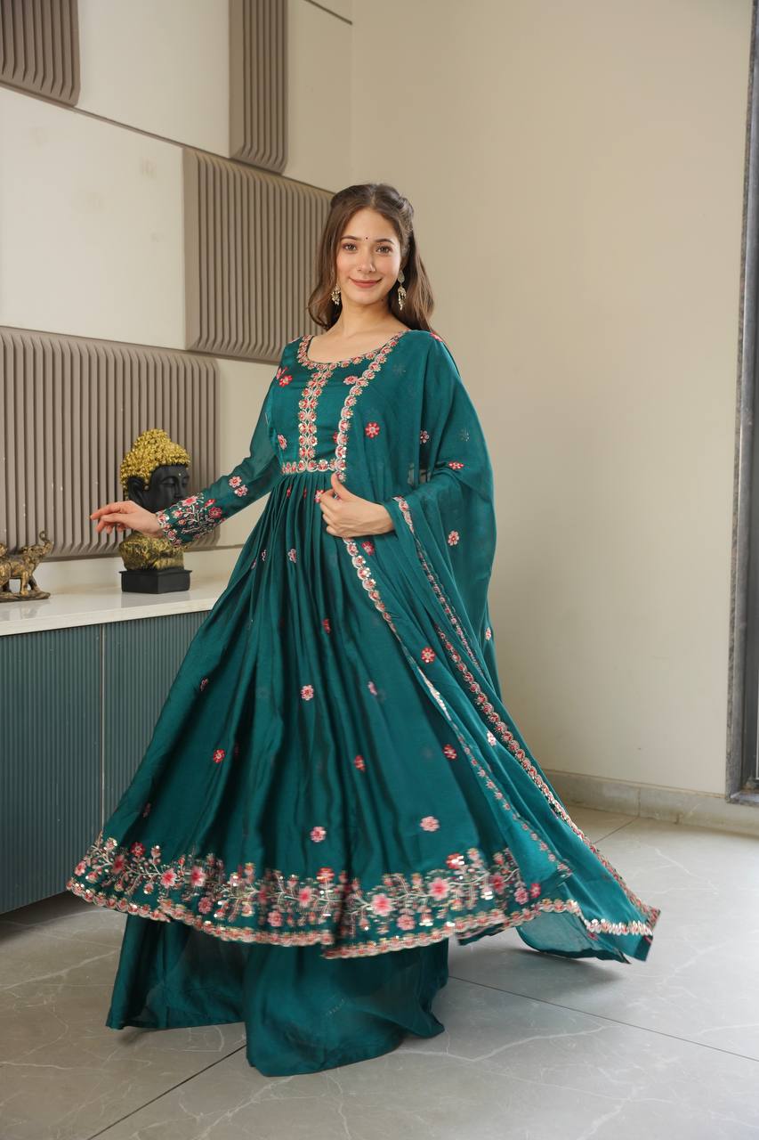 Exclusive Green Silk Embroidery Work Sharara Suit