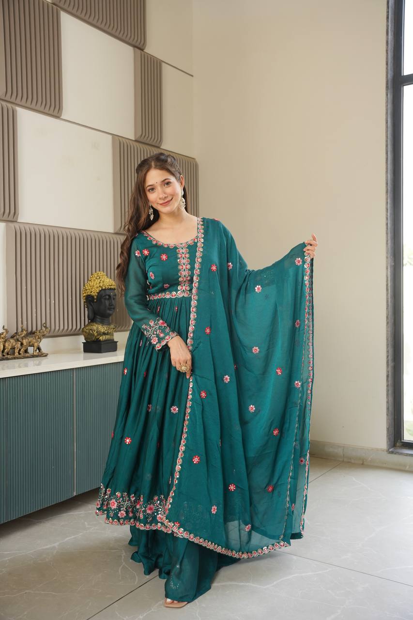 Exclusive Green Silk Embroidery Work Sharara Suit