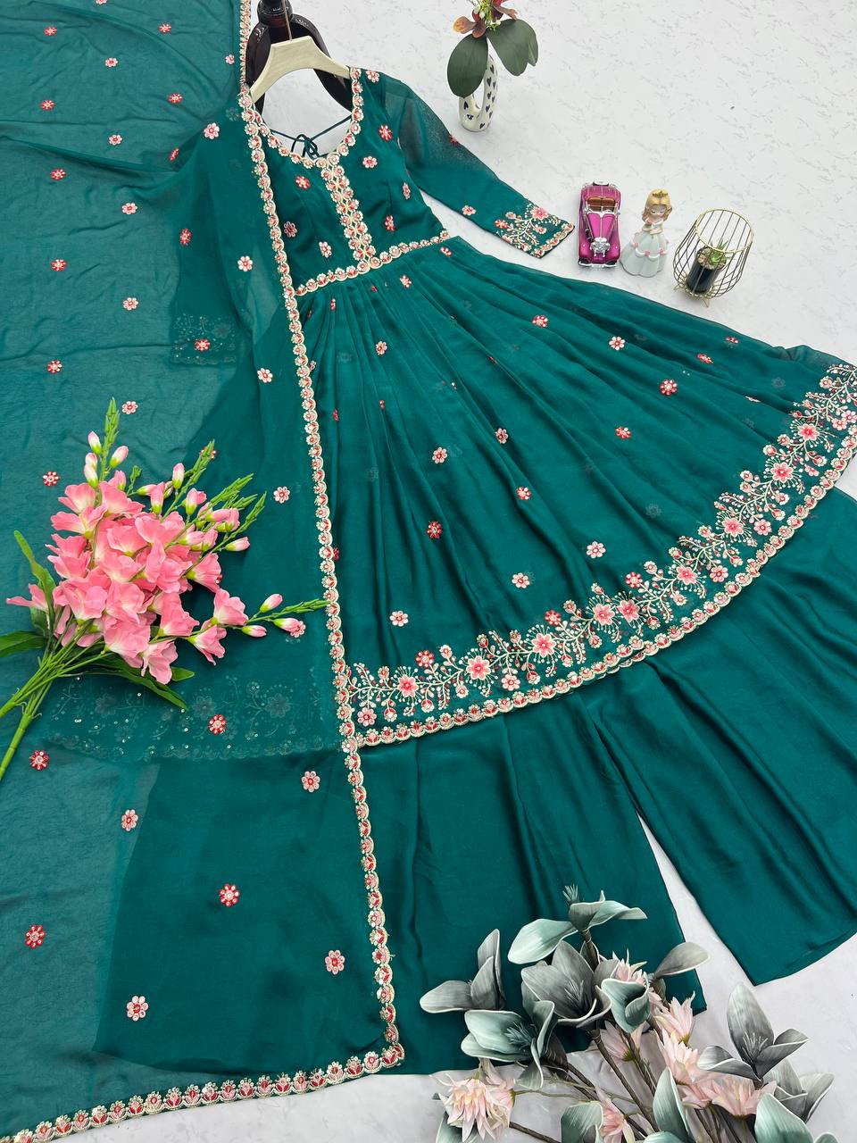 Exclusive Green Silk Embroidery Work Sharara Suit