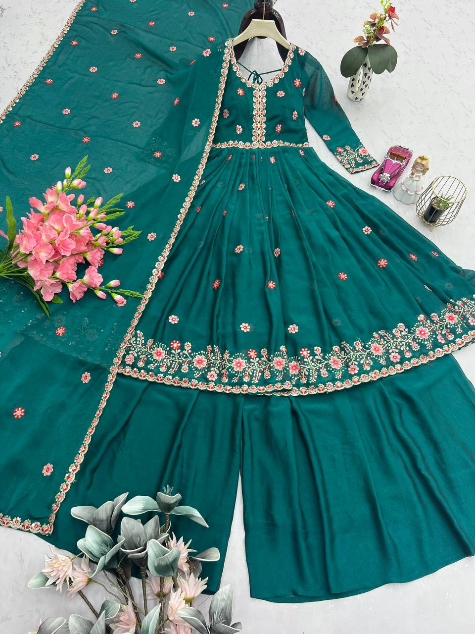 Exclusive Green Silk Embroidery Work Sharara Suit