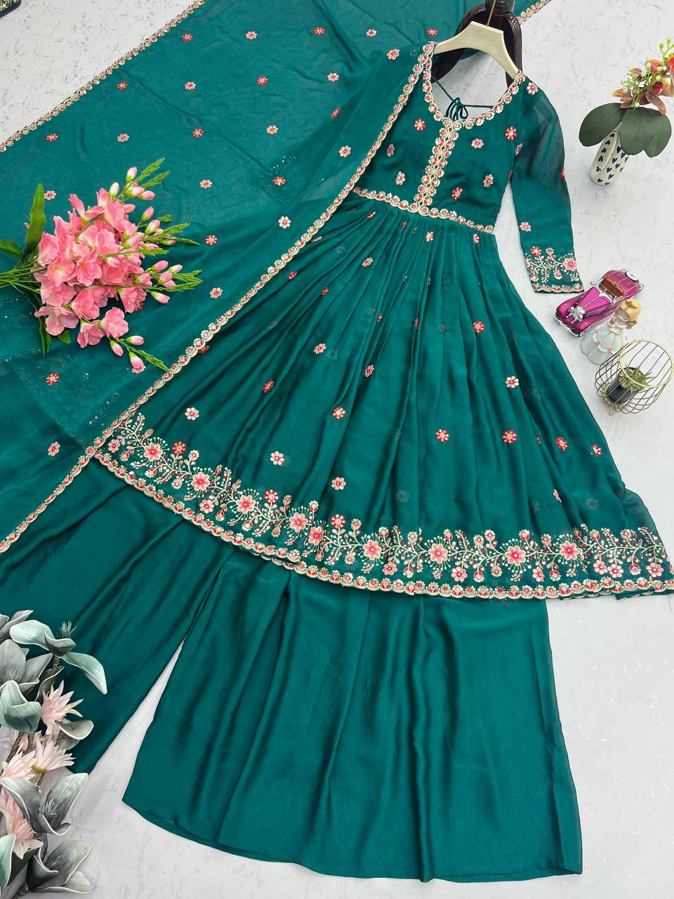 Exclusive Green Silk Embroidery Work Sharara Suit
