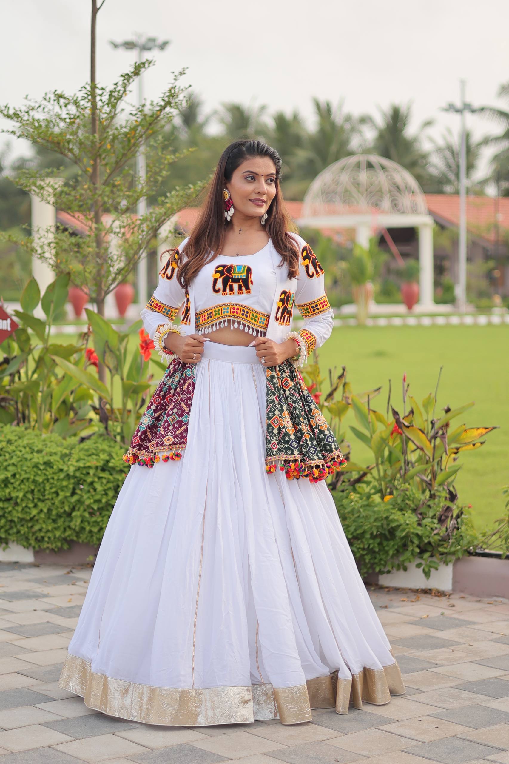 Stylish White Cotton Gamthi Work Lehenga Choli