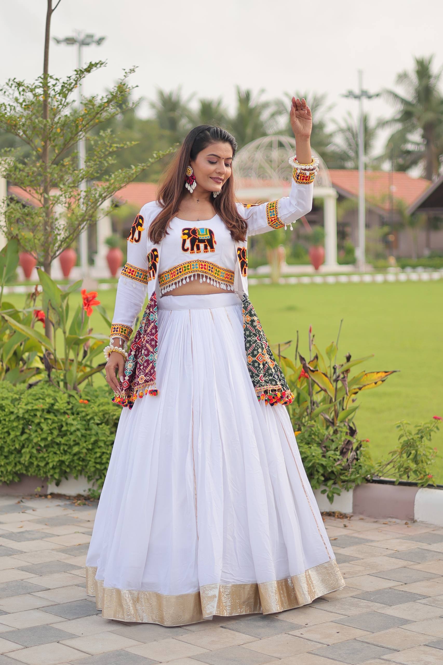 Stylish White Cotton Gamthi Work Lehenga Choli