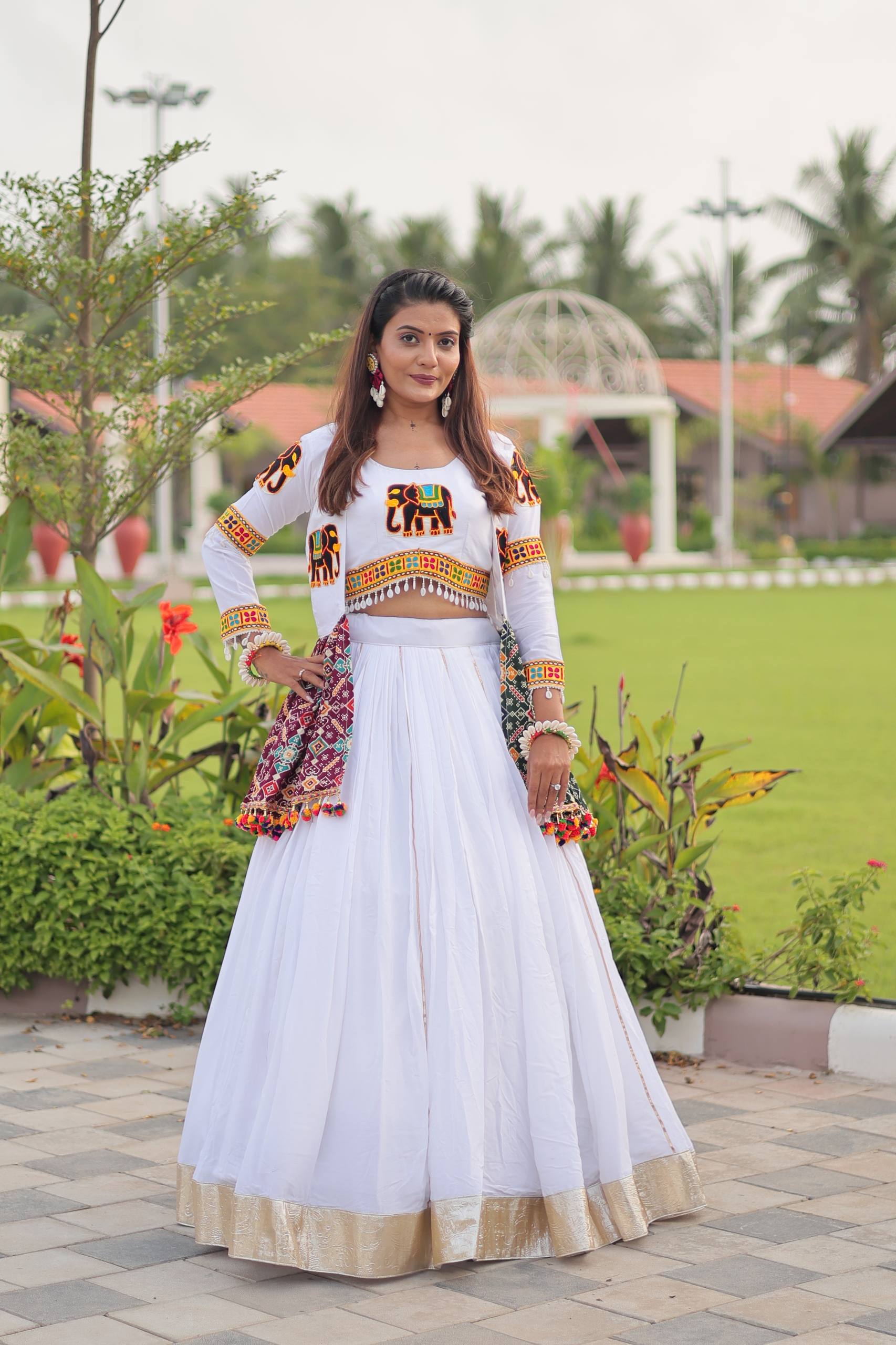 Stylish White Cotton Gamthi Work Lehenga Choli
