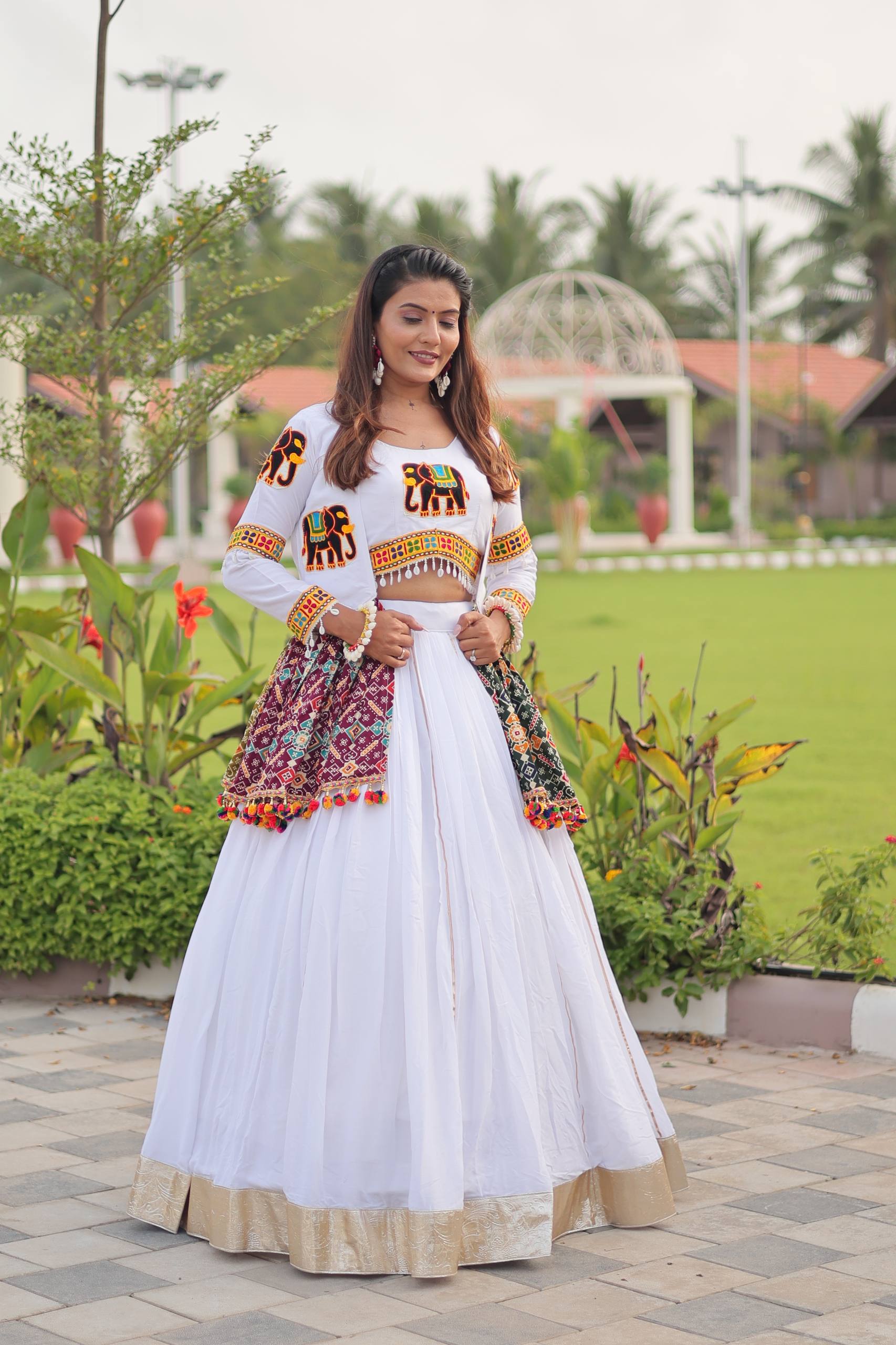 Stylish White Cotton Gamthi Work Lehenga Choli