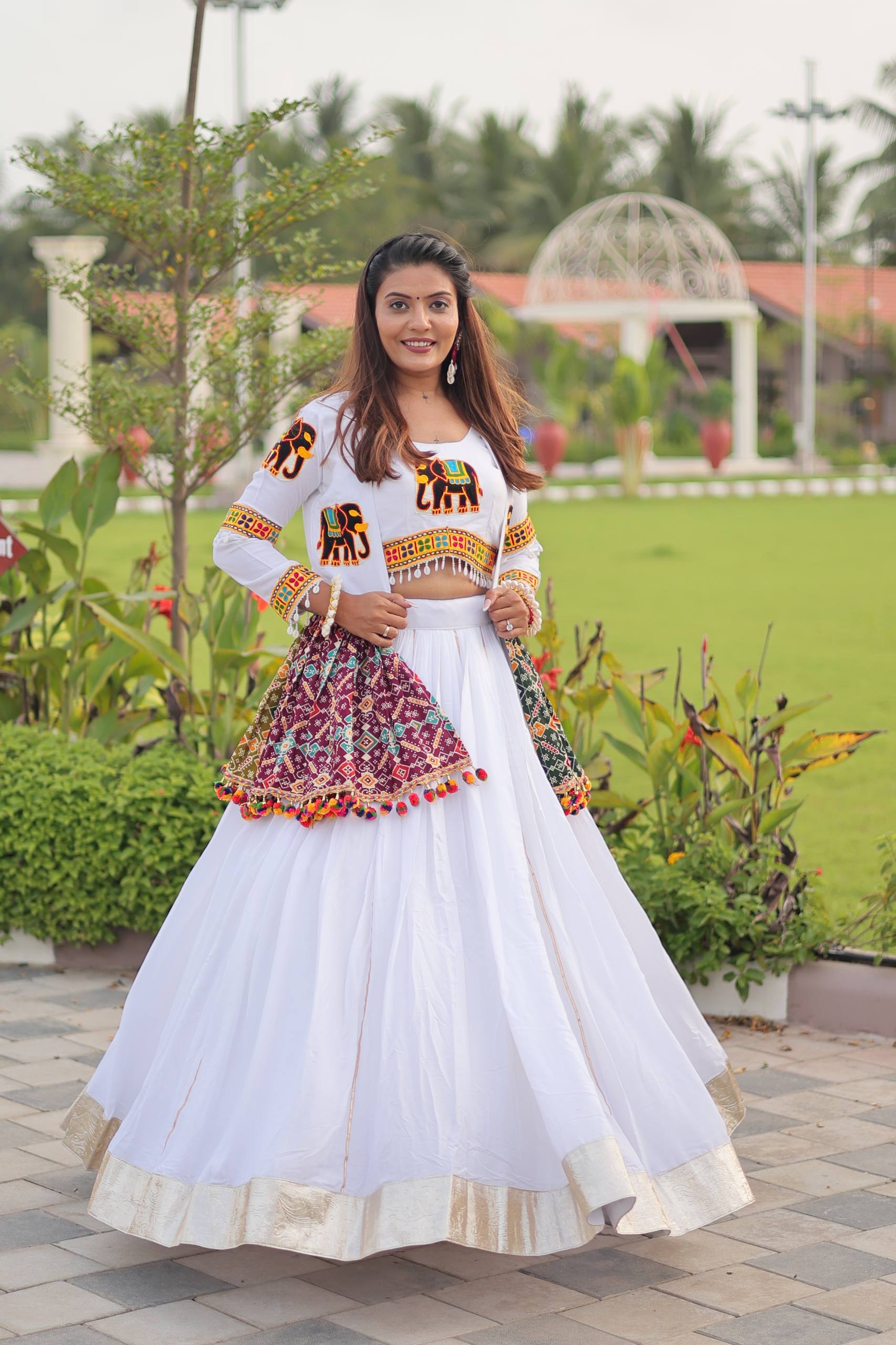 Stylish White Cotton Gamthi Work Lehenga Choli