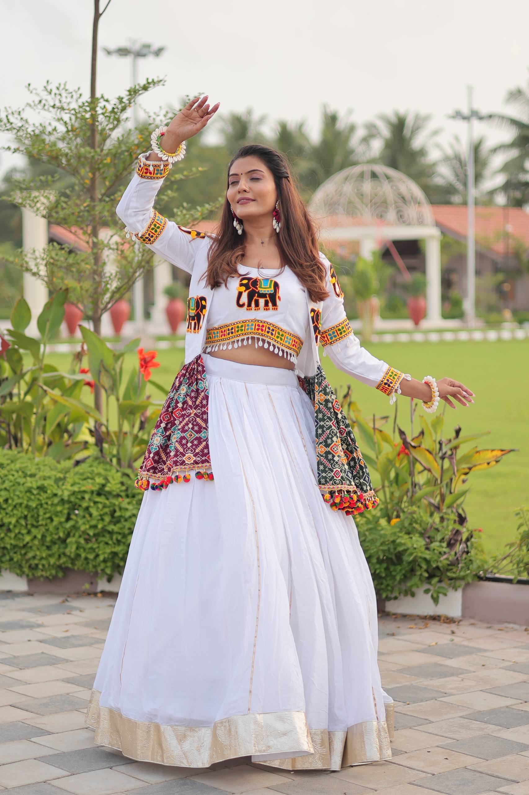 Stylish White Cotton Gamthi Work Lehenga Choli