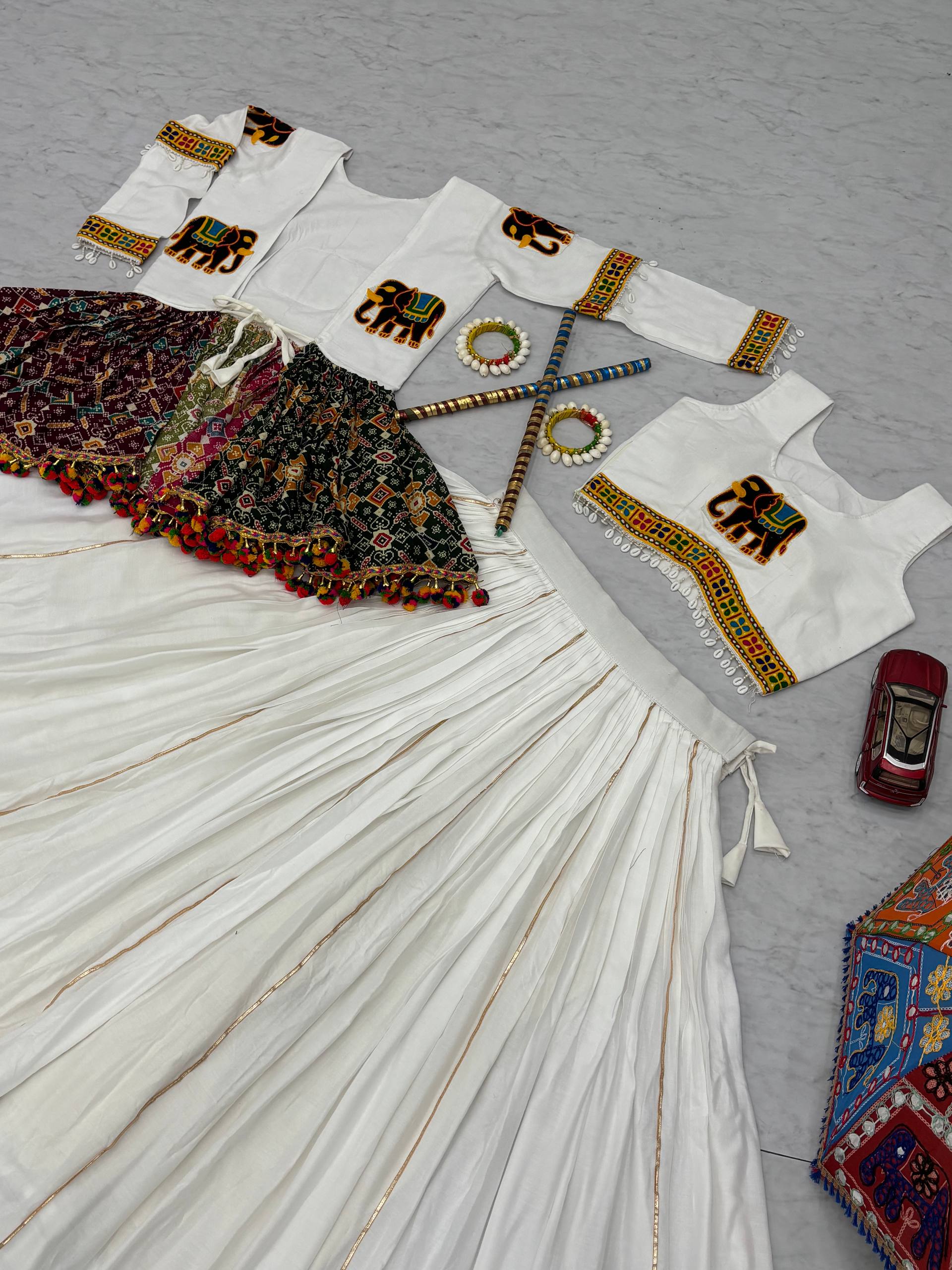Stylish White Cotton Gamthi Work Lehenga Choli