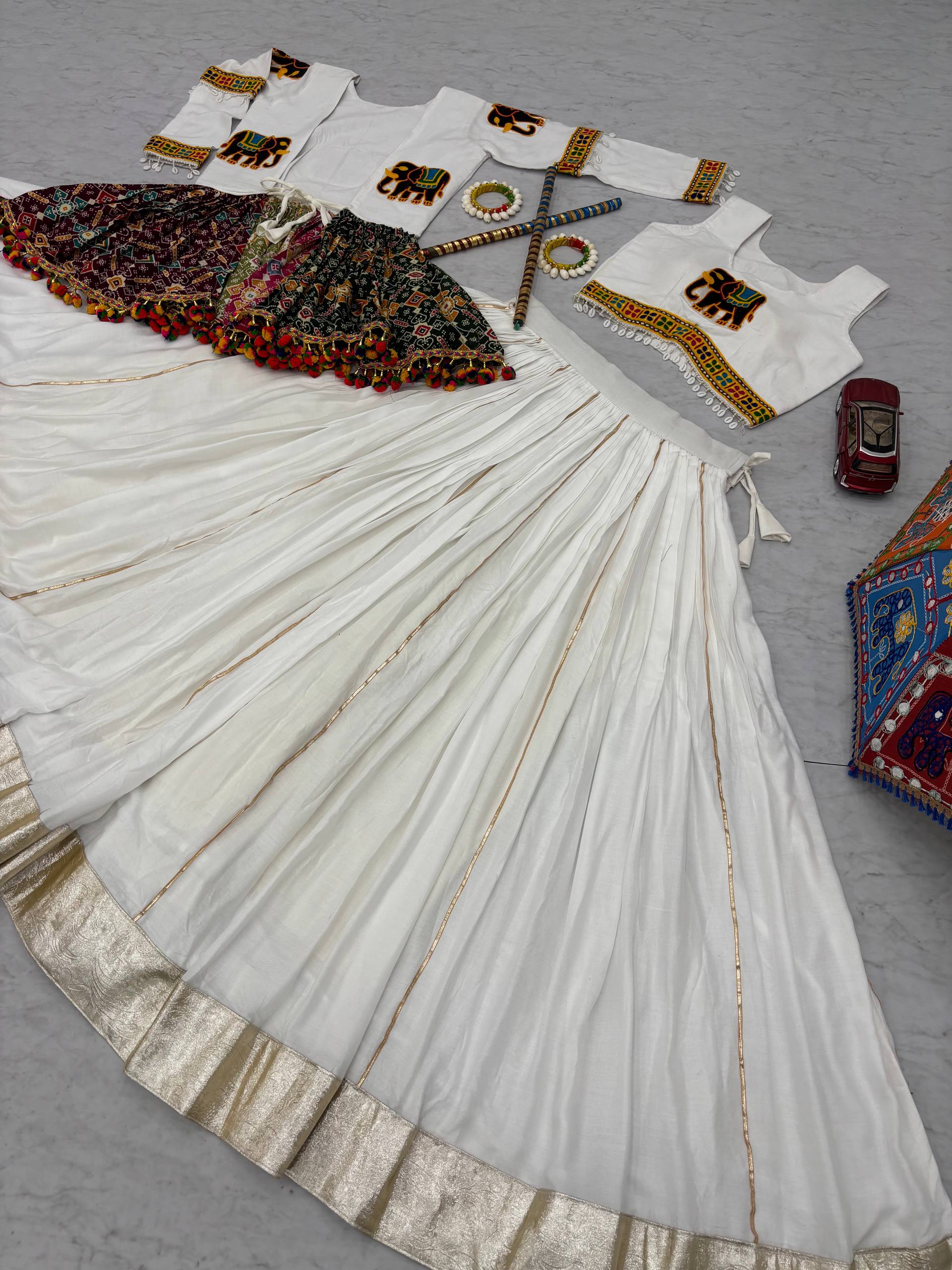 Stylish White Cotton Gamthi Work Lehenga Choli