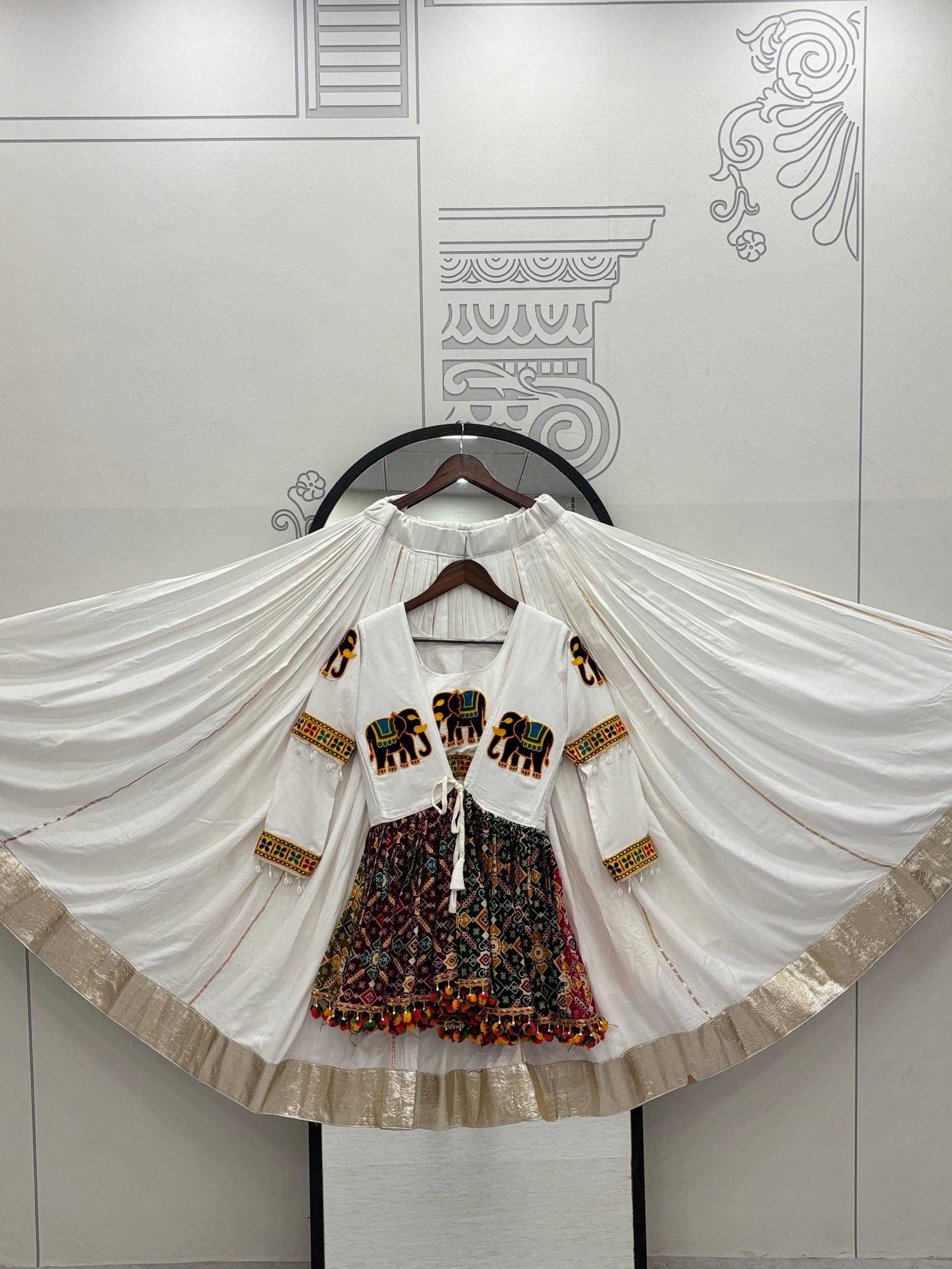 Stylish White Cotton Gamthi Work Lehenga Choli
