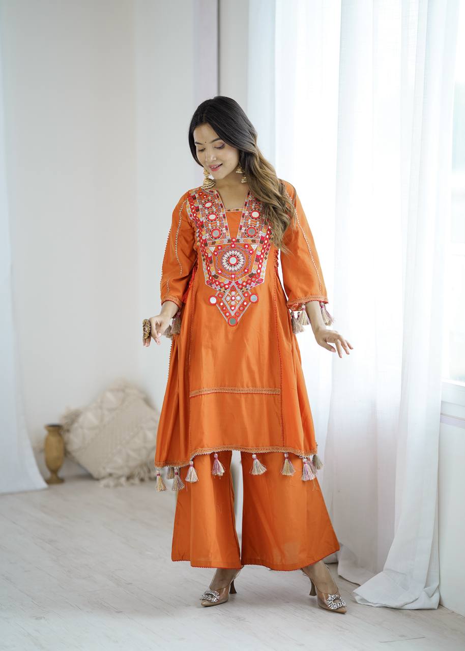 Wonderful Orange Embroidery Work Co-ord Set