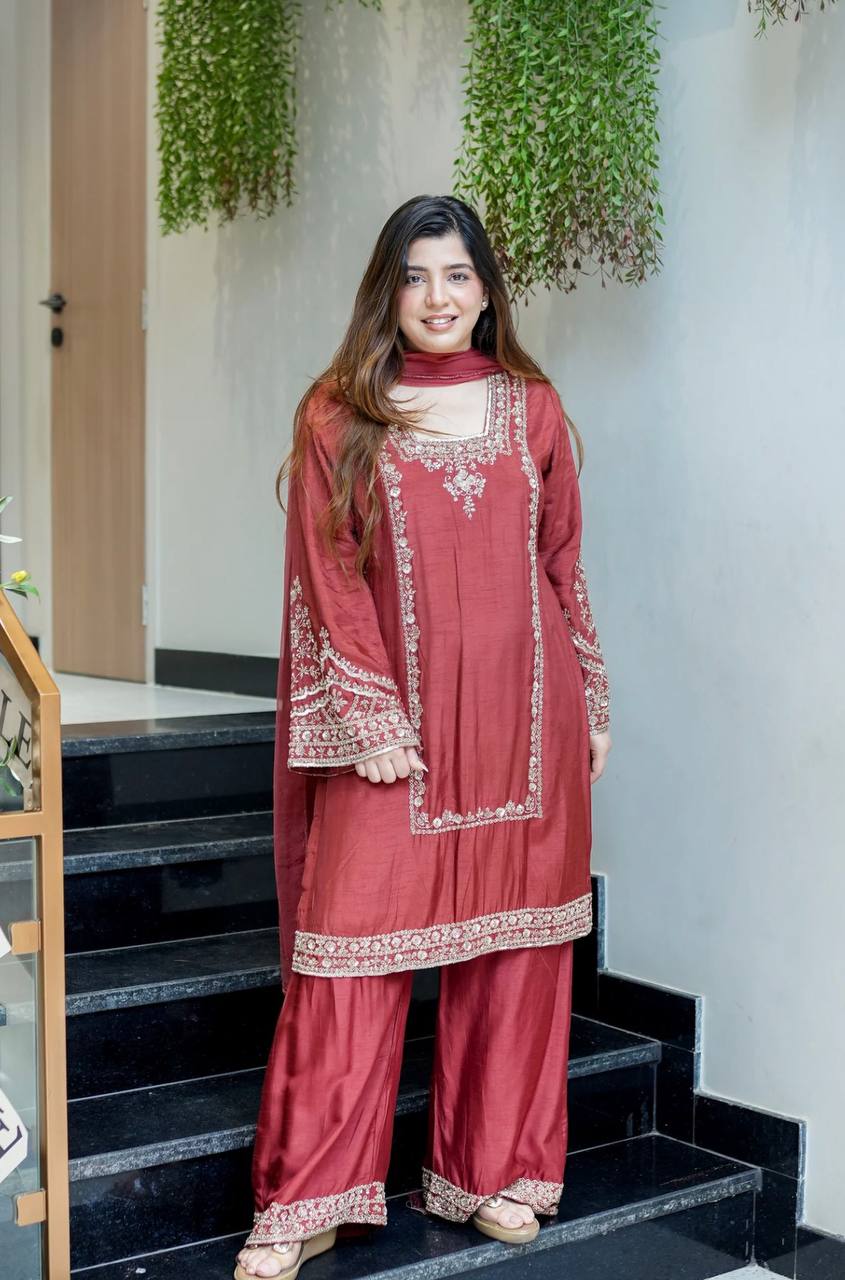 Brown Chiffon with Embroidery Work Palazzo Suit