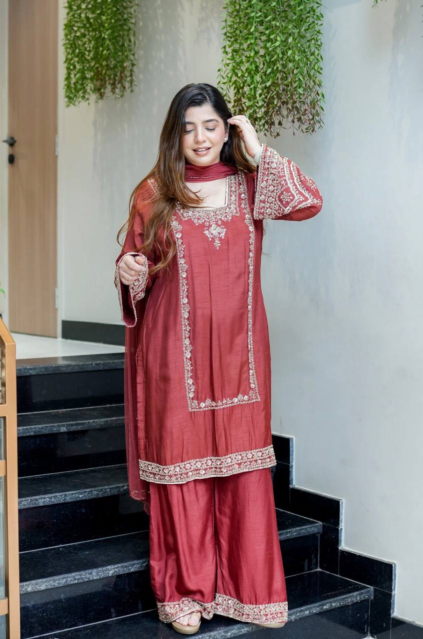 Brown Chiffon with Embroidery Work Palazzo Suit