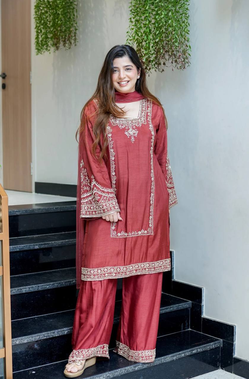 Brown Chiffon with Embroidery Work Palazzo Suit