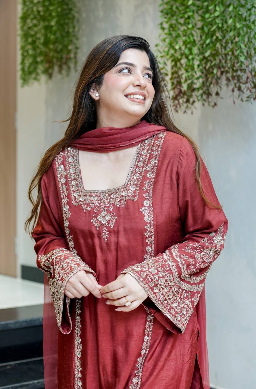 Brown Chiffon with Embroidery Work Palazzo Suit