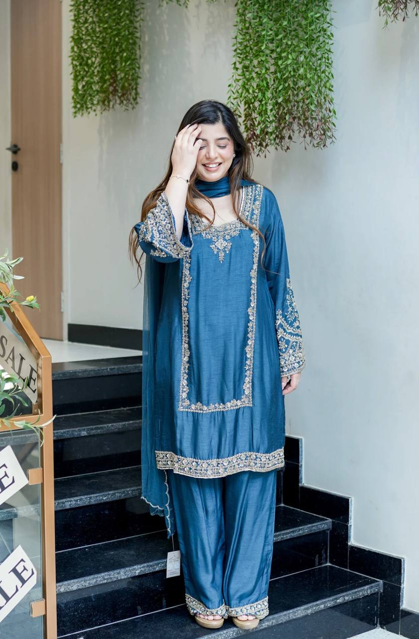 Brown Chiffon with Embroidery Work Palazzo Suit