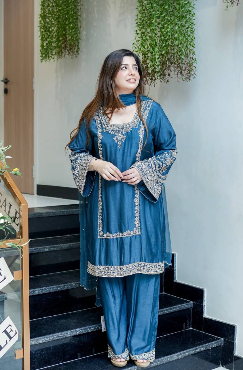 Brown Chiffon with Embroidery Work Palazzo Suit