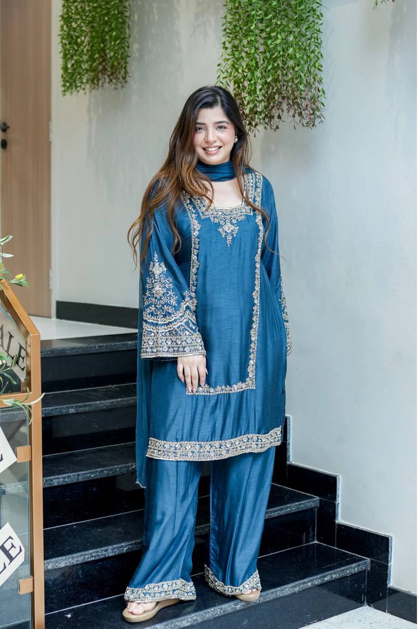 Brown Chiffon with Embroidery Work Palazzo Suit